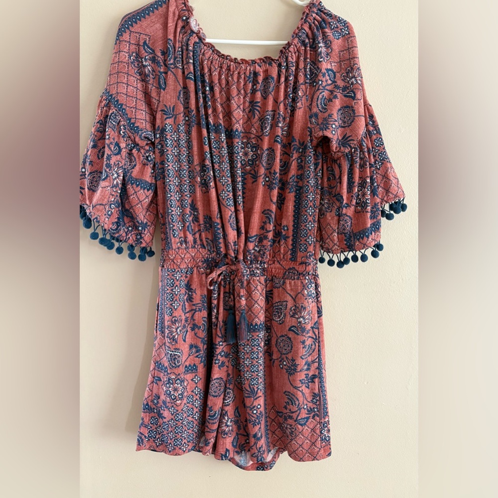 C EST 1946 Floral Boho Short Bell Sleeve Off the Shoulder Romper Size Small - Picture 1 of 5